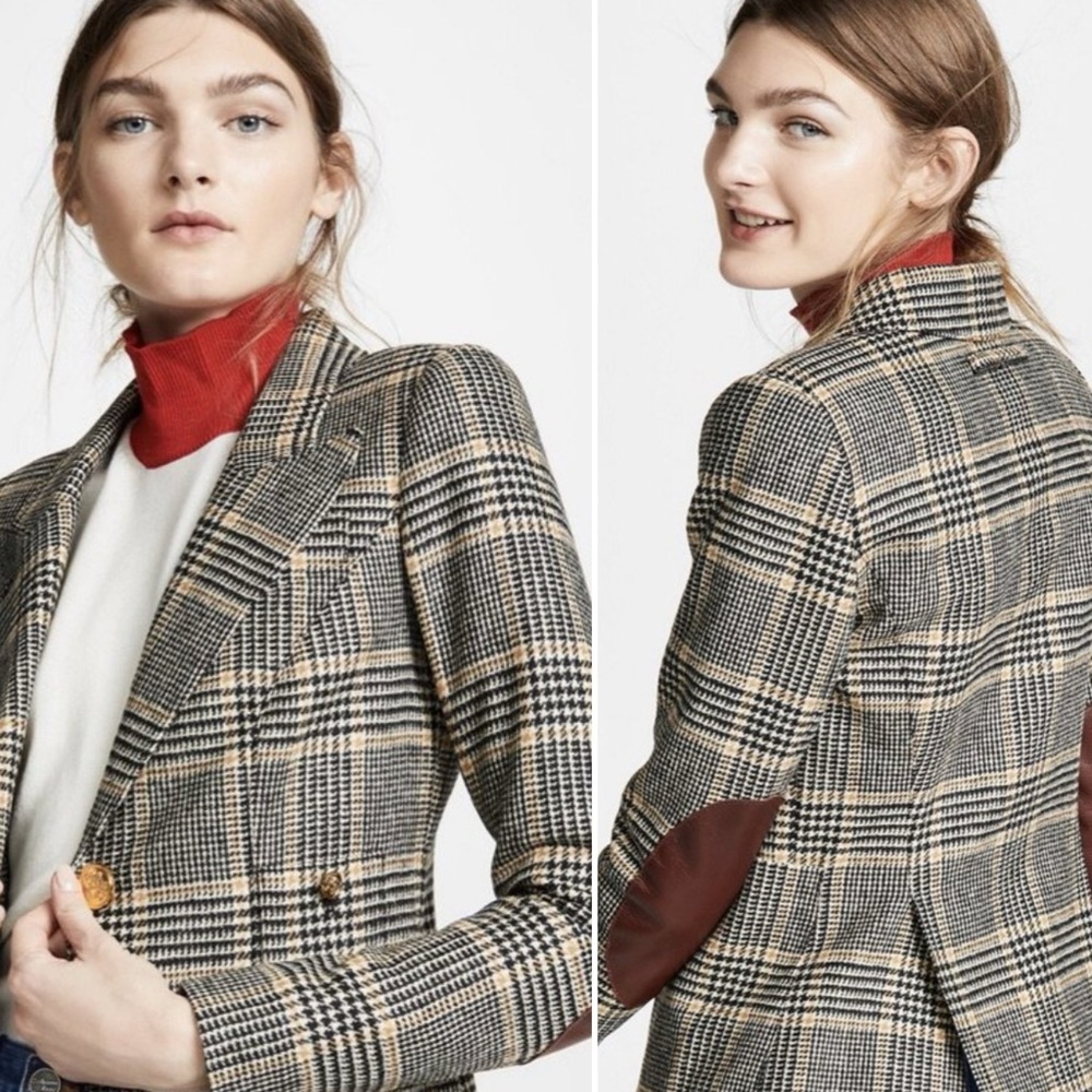 Symthe Classic Fitted Wool Patch Pocket Duchess Blazer in Camel and Black Size 2